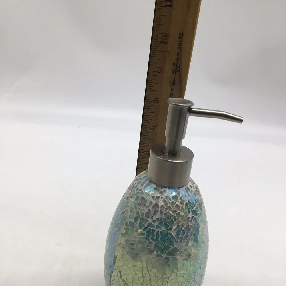 Blue Green Mosaic Glass Silver Tone 8” Soap Lotion Dispenser Never Used READ